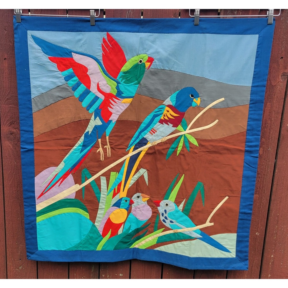 VTG Handmade Khayamiya Applique Textile Art Tropical Birds Parrots Wall Hanging